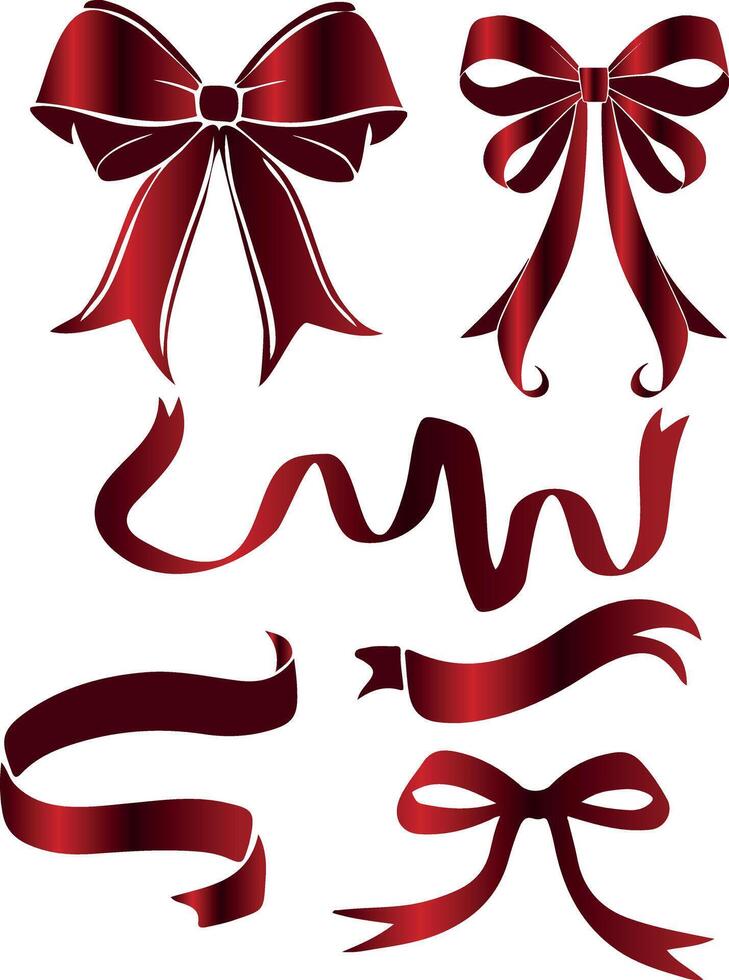 set of various ribbons and bows of different shapes with a red gradient, for holiday designs, social media or web design vector