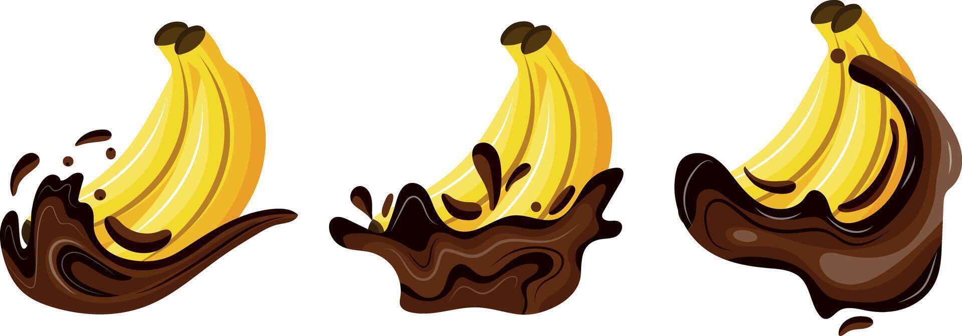 set of icons of yellow and ripe bananas in various splashes of melted dark chocolate, for thematic printing, social networks or web design vector