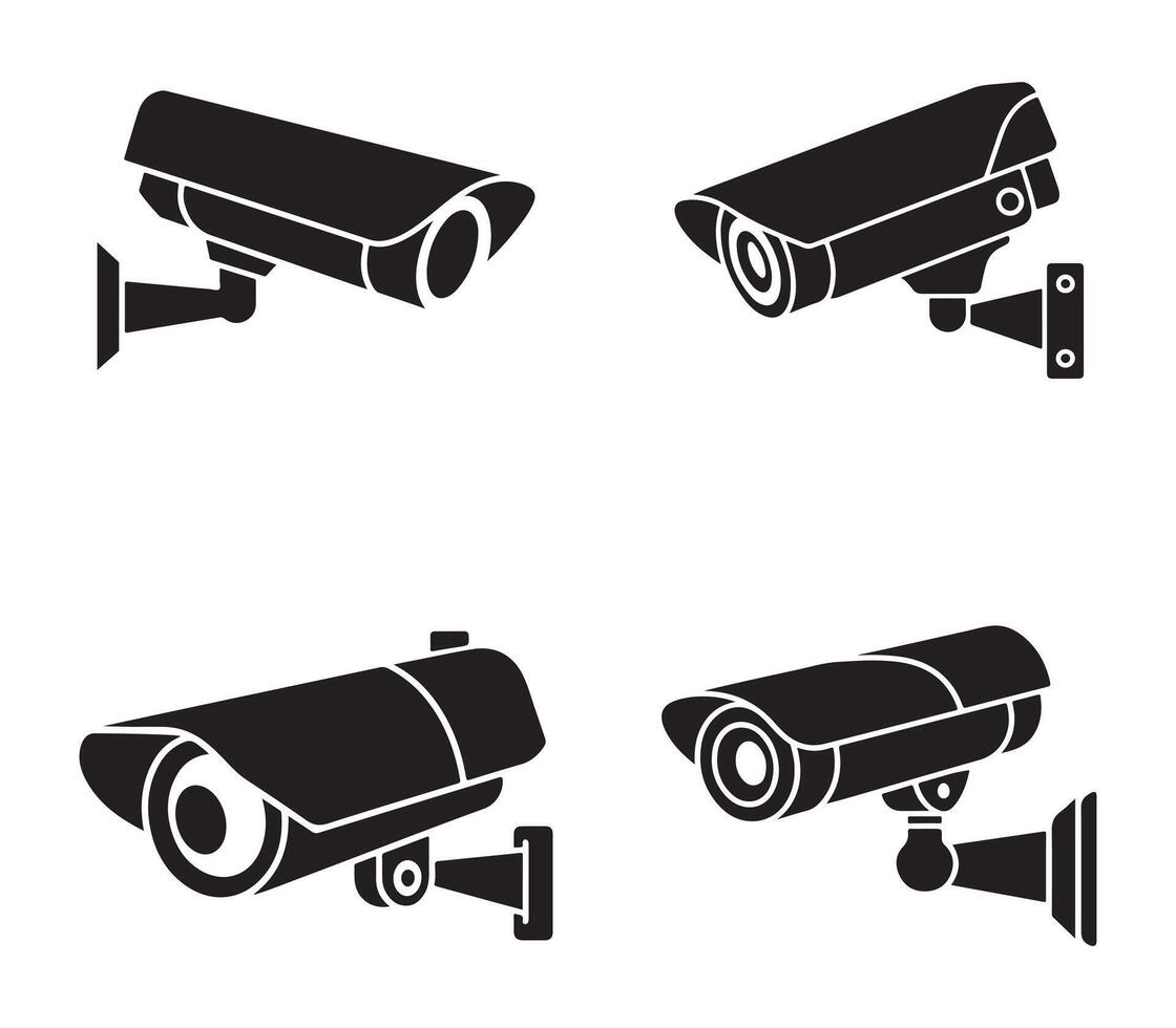 Minimal security camera icons set for surveillance and monitoring silhouette vector