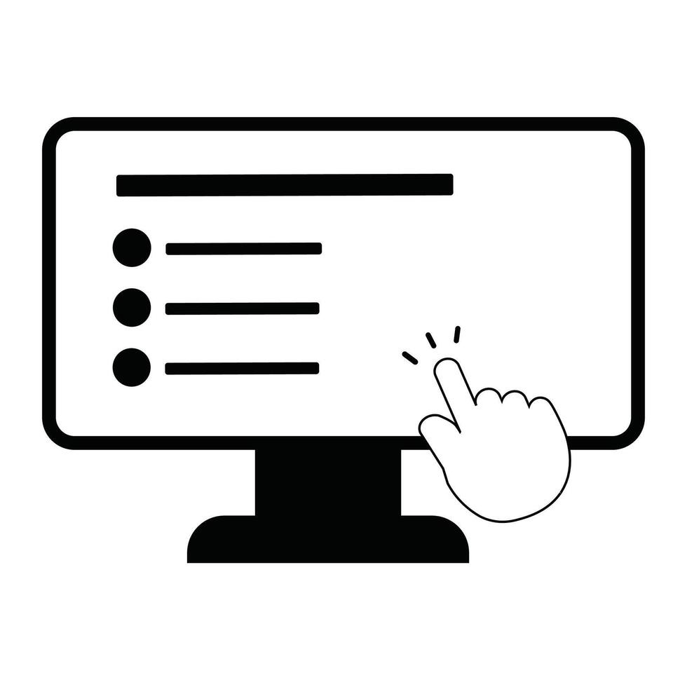 a black and white icon of a computer screen with a hand pointing to a check box vector