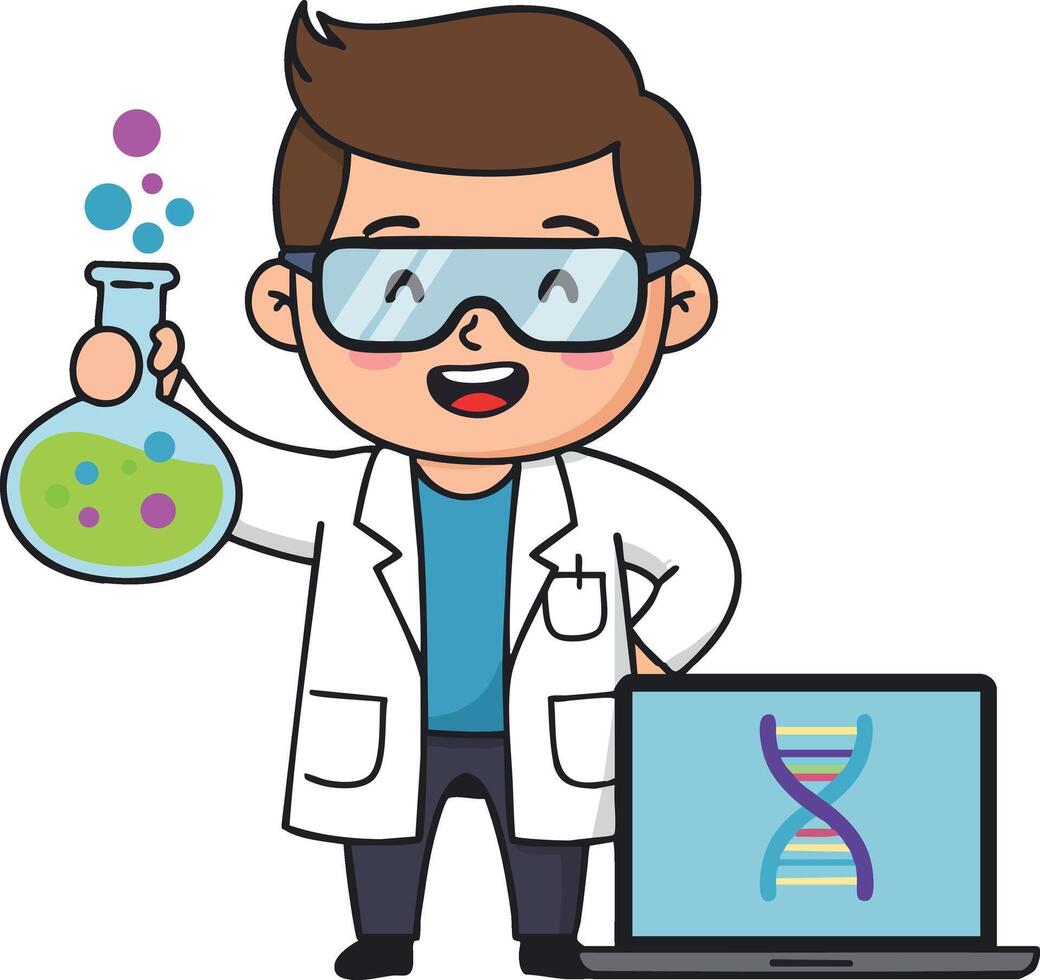 Scientist holding flask with liquid and laptop displaying DNA strand illustration in laboratory setting vector