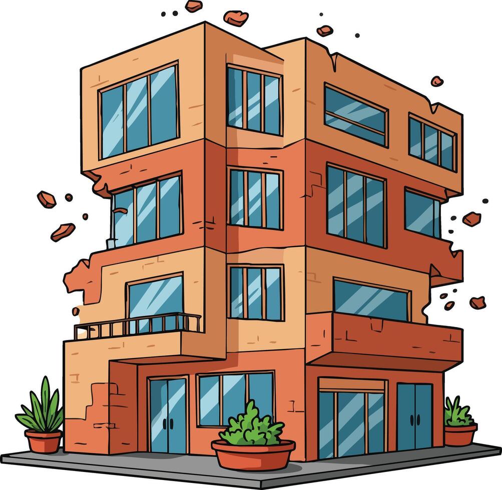 Modern three story building with broken walls and large windows illustration urban architecture design vector