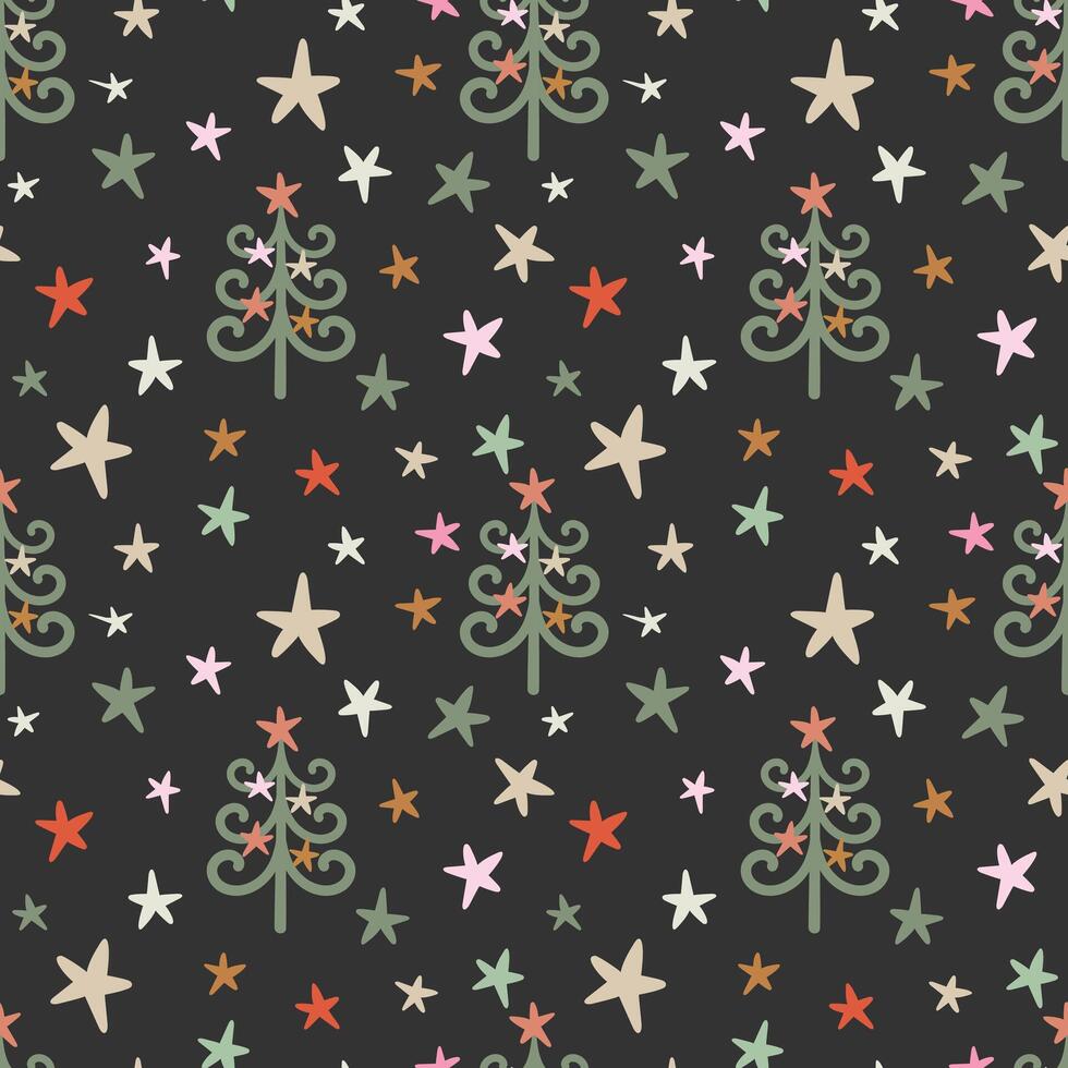 Pattern seamless pattern with stylized Christmas trees and flowers on a dark background. Flat style vector