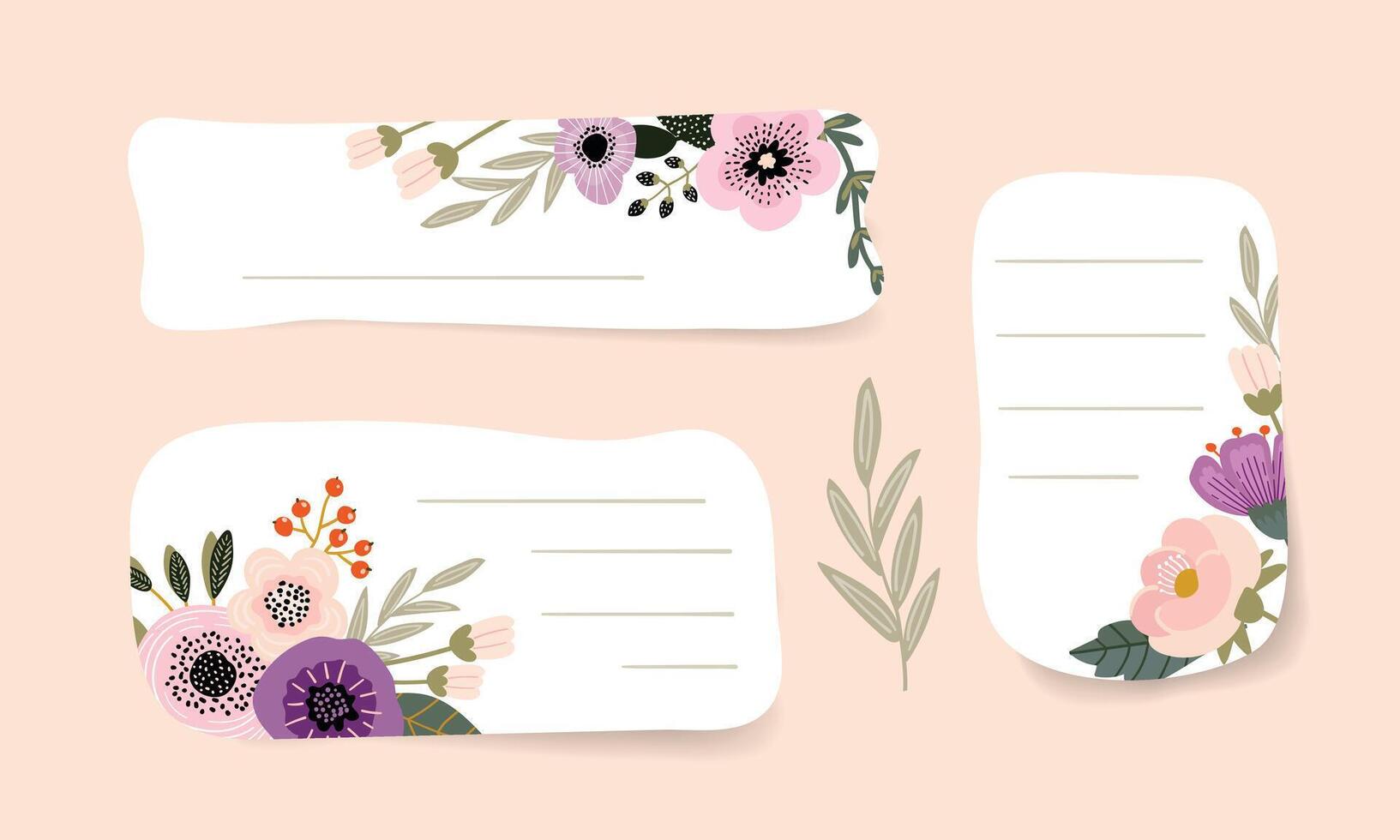Set of stickers with abstract flowers and botanical elements with space for text. Suitable for invitations, postcards, and letters. flat style. vector
