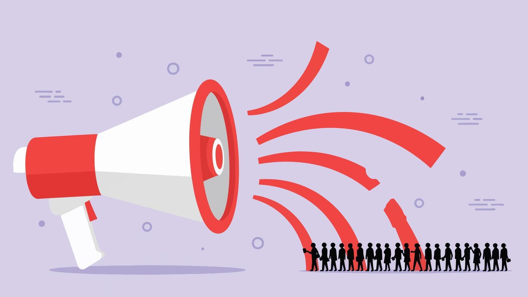 Megaphone broadcasting to a crowd, spreading information and communication concept vector