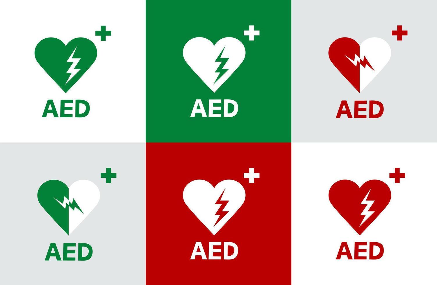 AED indicating a defibrillator device set collection. AED,automated external defibrillator flat icon. Emergency defibrillator sign or icon. Heart symbol. Medical logo. vector