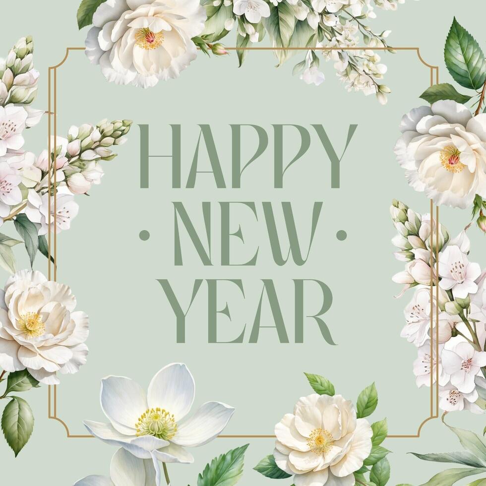 New Year Greeting Card Botanical Frame Square Template 