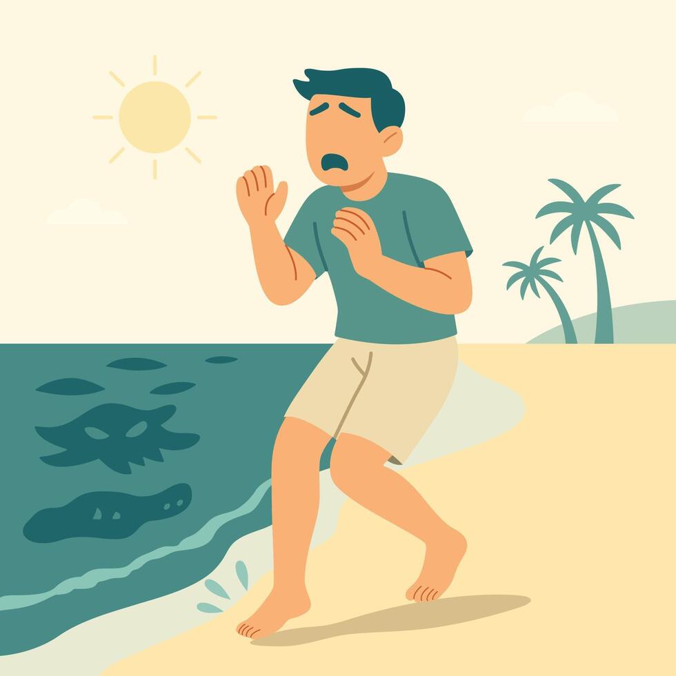 Man running from dark shapes in ocean symbolizing aquaphobia vector