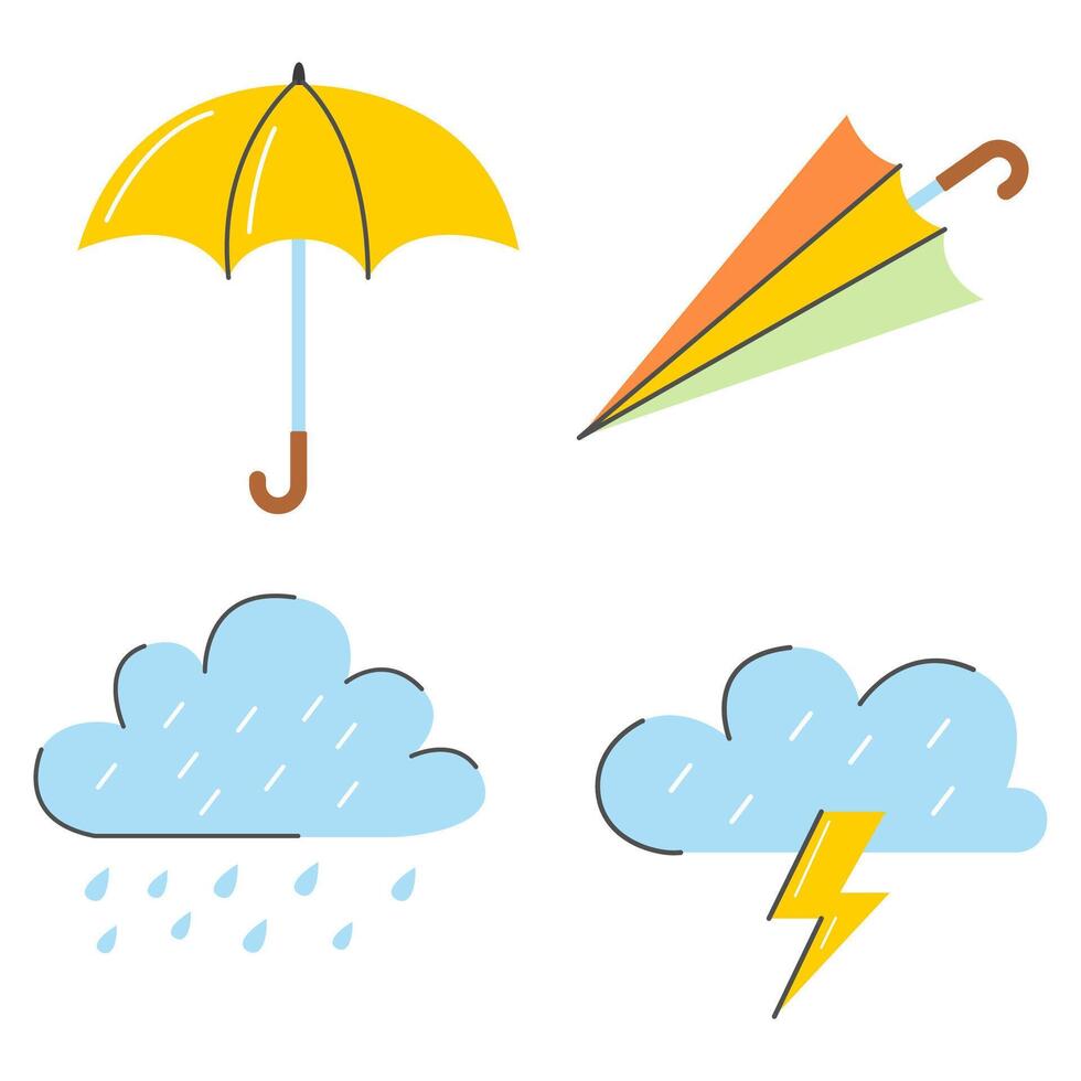 Flat Design Weather Element Illustration with Cloud, Umbrella and Thunder Icon vector