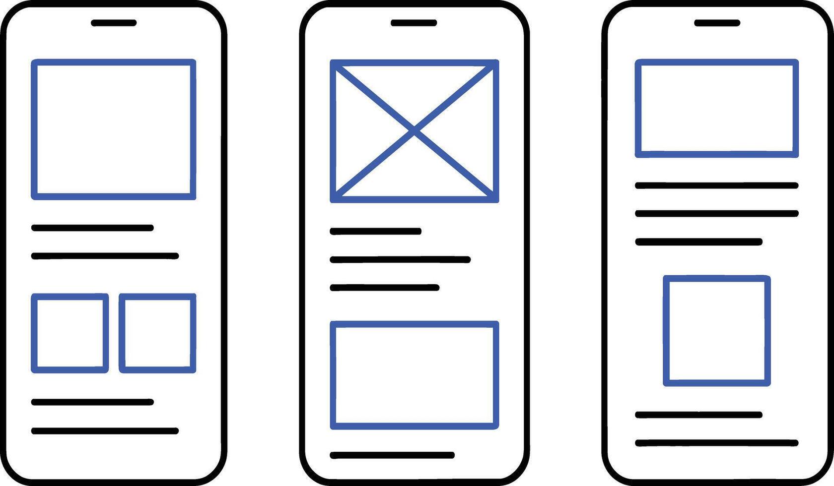 Mobile app wireframe design template for content manager, user interface layout, mobile UX, and app development vector