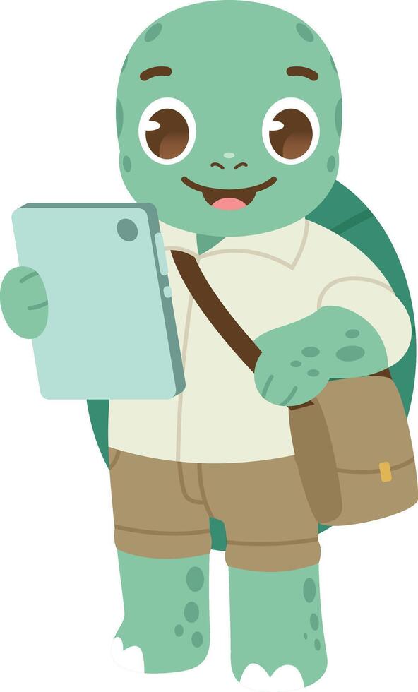 Cute turtle character posing as a guide with tablet in hand vector
