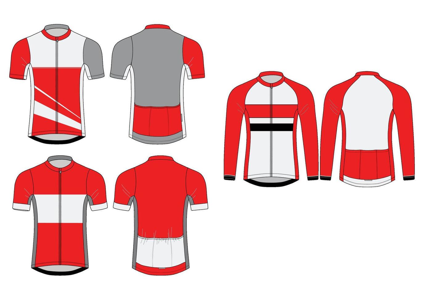 Cycling jersey set with red, white, and gray colorways, shown in front and back views. Ideal for race kits, team uniforms, or activewear collections. vector