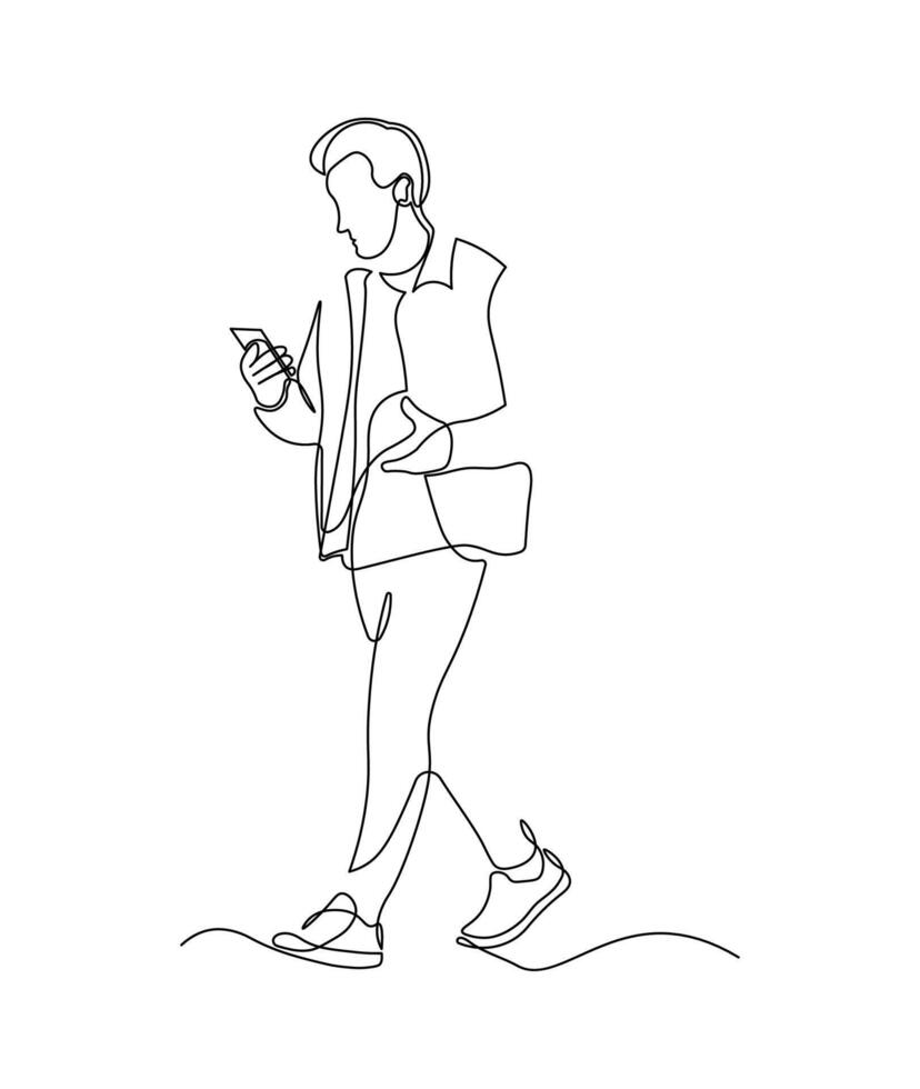 Man Walking While Using Smartphone. Continuous Line Illustration of Modern Mobile Lifestyle and Digital Communication vector