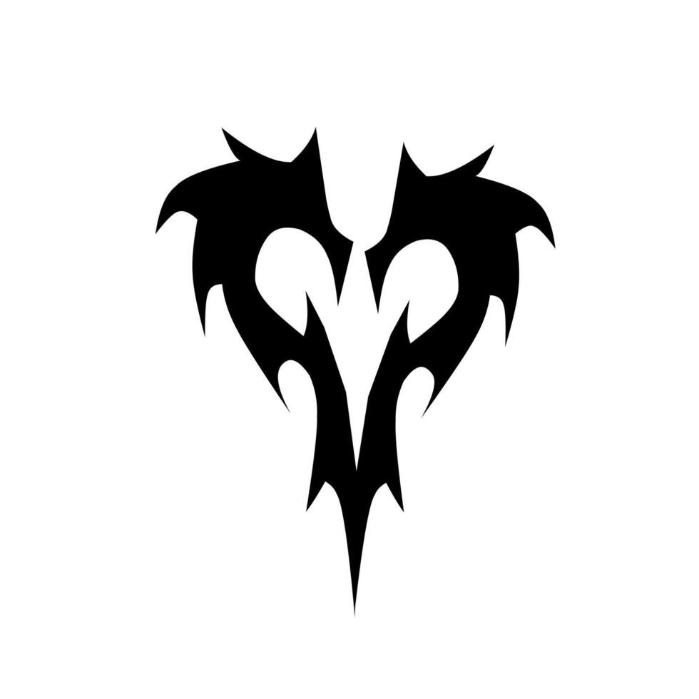 A stylized black and white illustration of a sharp, gothic heart design, featuring aggressive, thorny, and dynamic tribal elements that convey passion and intensity. vector