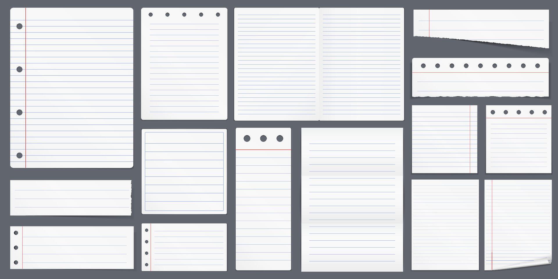Set of blank lined paper, notebook, A4 paper vector