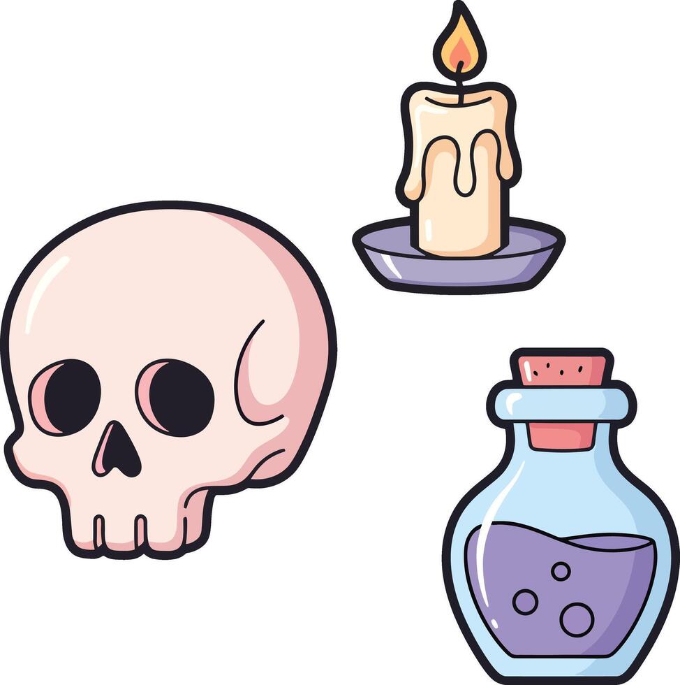 un cautivador conjunto de mágico elementos presentando un ligero rosado cráneo, un parpadeando vela con un calentar brillo, y un Violeta elixir en un vaso matraz, ideal para escalofriante diseños y místico proyectos vector