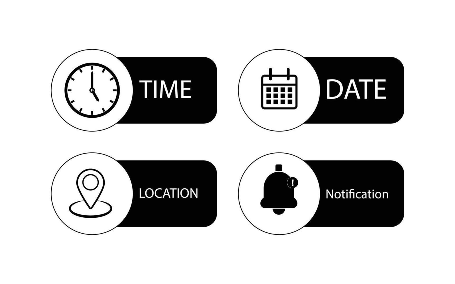 Four black and white buttons with time, location and date vector
