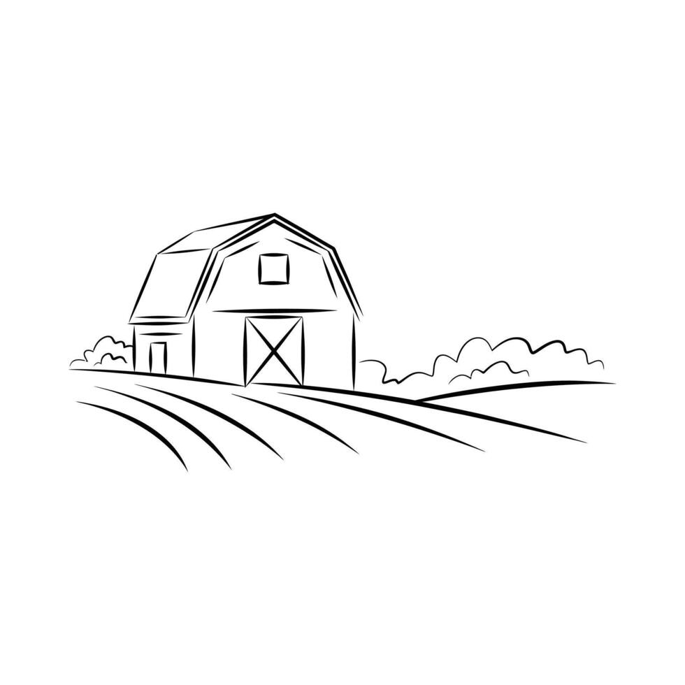 Rustic hand drawn sketch of a barn in a field with rolling hills vector