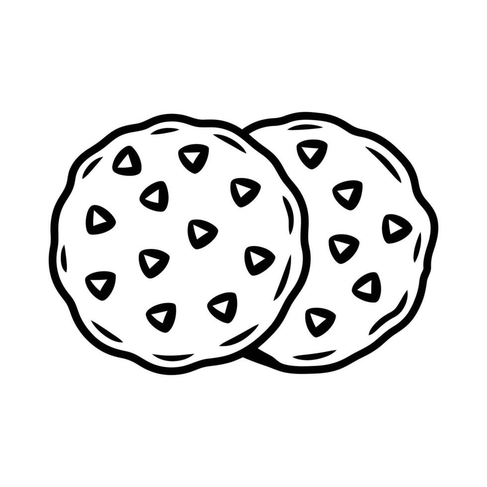 Simple line drawing of two chocolate chip cookies on a white background vector
