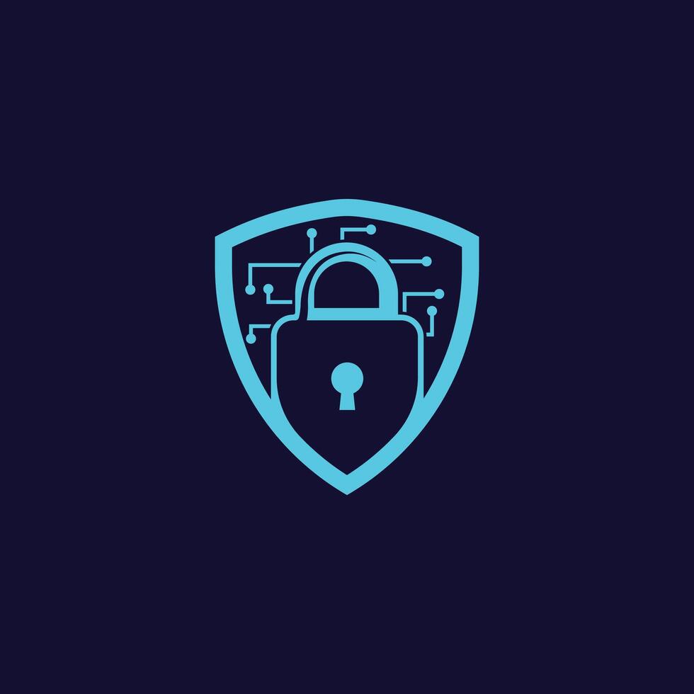 Cyber security shield icon with padlock and digital circuit lines, data protection logo concept vector