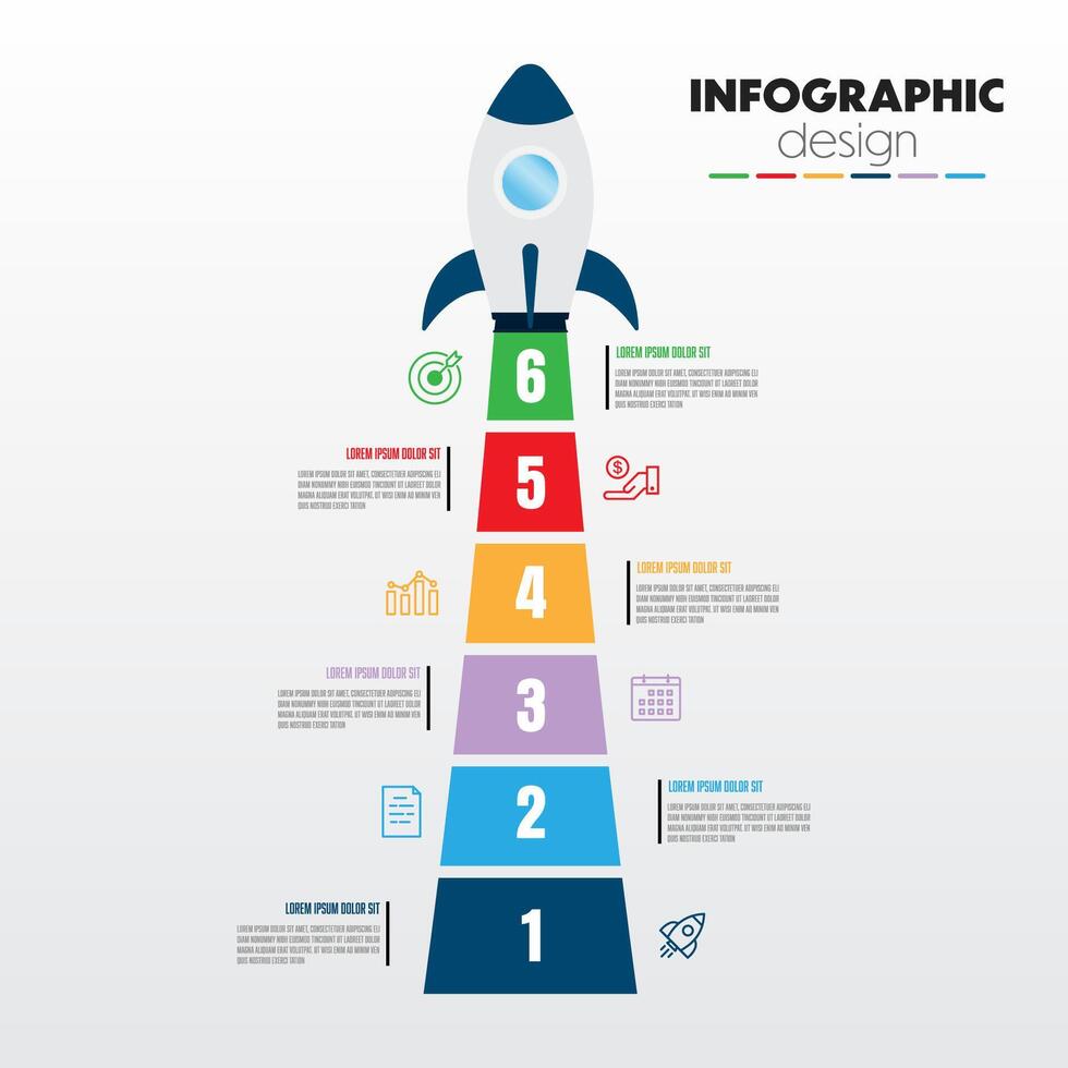 Rocket paper art infographic starts with 6 step vertical data templates. vector
