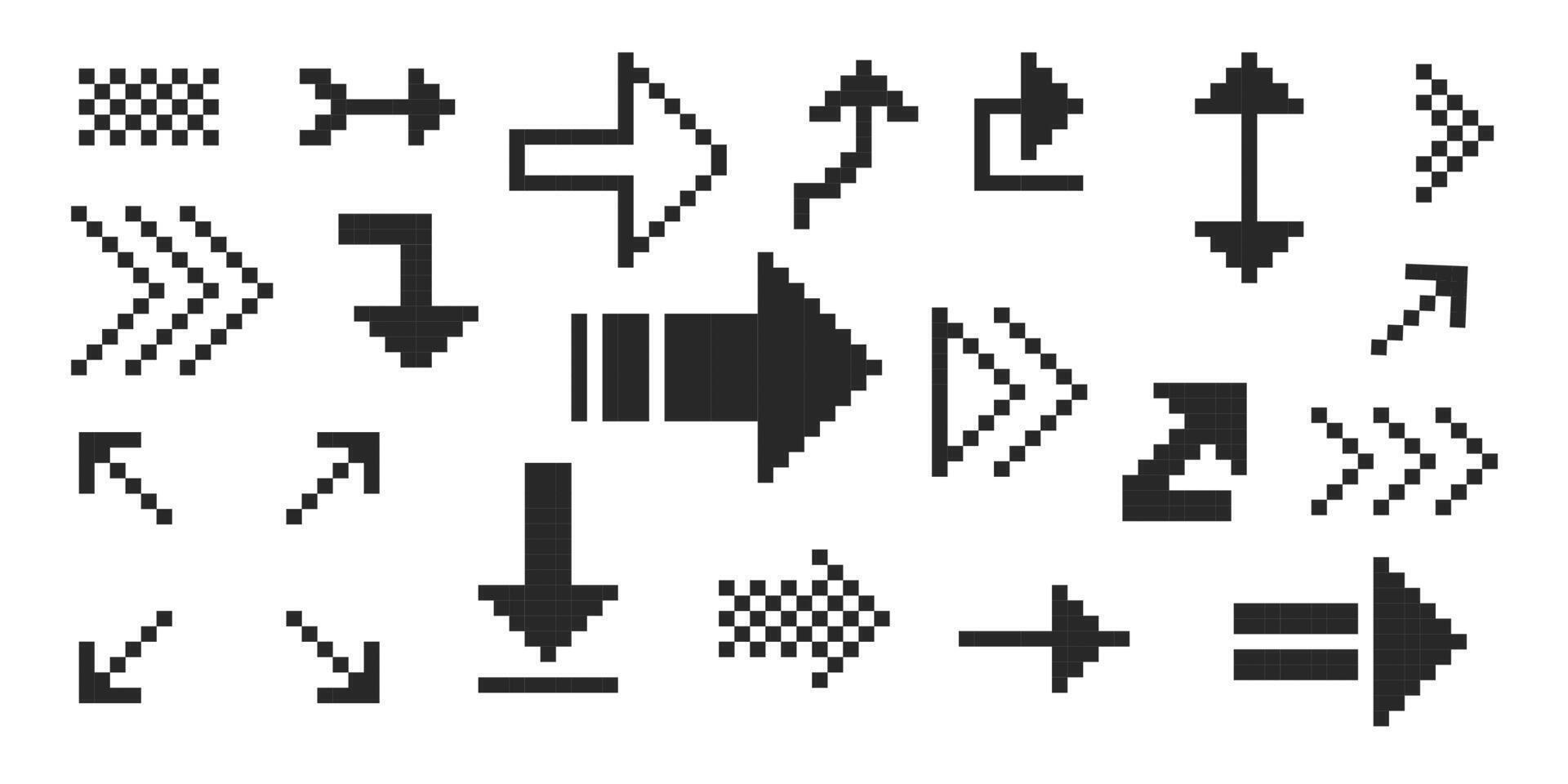 Pixel arrows set. Pixel art different directions 8 bit gaming console style sign. Interface icon. Collection vector