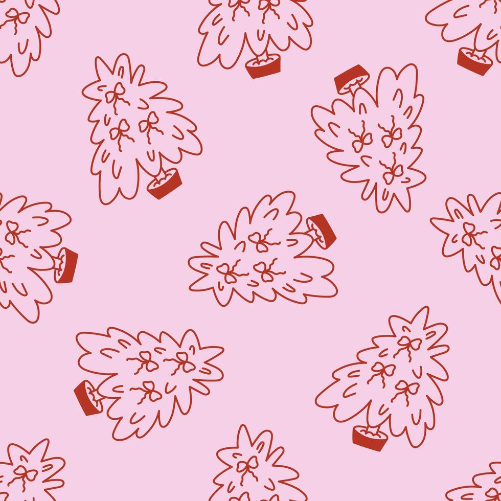 Coquette aesthetic seamless pattern. elegant background with Christmas trees and bows. Outline retro pattern on pink background. vector