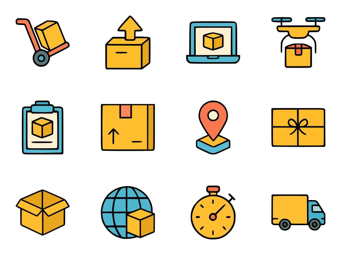 Cartoon-style icons of freight services showing export arrow, shipping box, map marker, and delivery confirmation vector