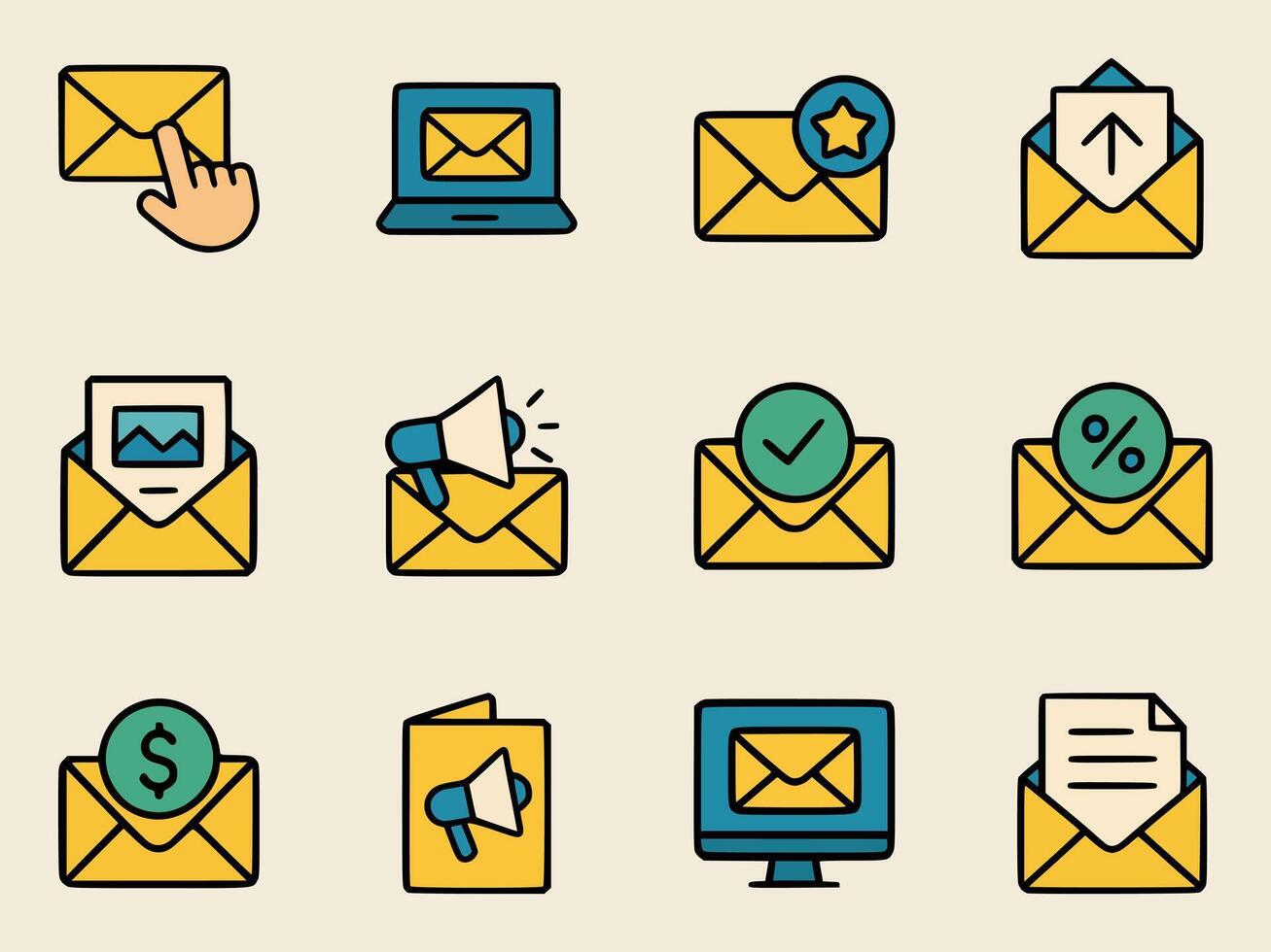 Flat design envelope icons for newsletter promotion, email notification, digital ads, and communication isolated on light background vector