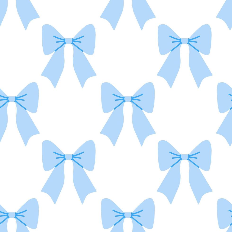 Seamless pattern featuring charming blue ribbon bows in flat cartoon style, illustration with repeating bow isolated on a white background. vector