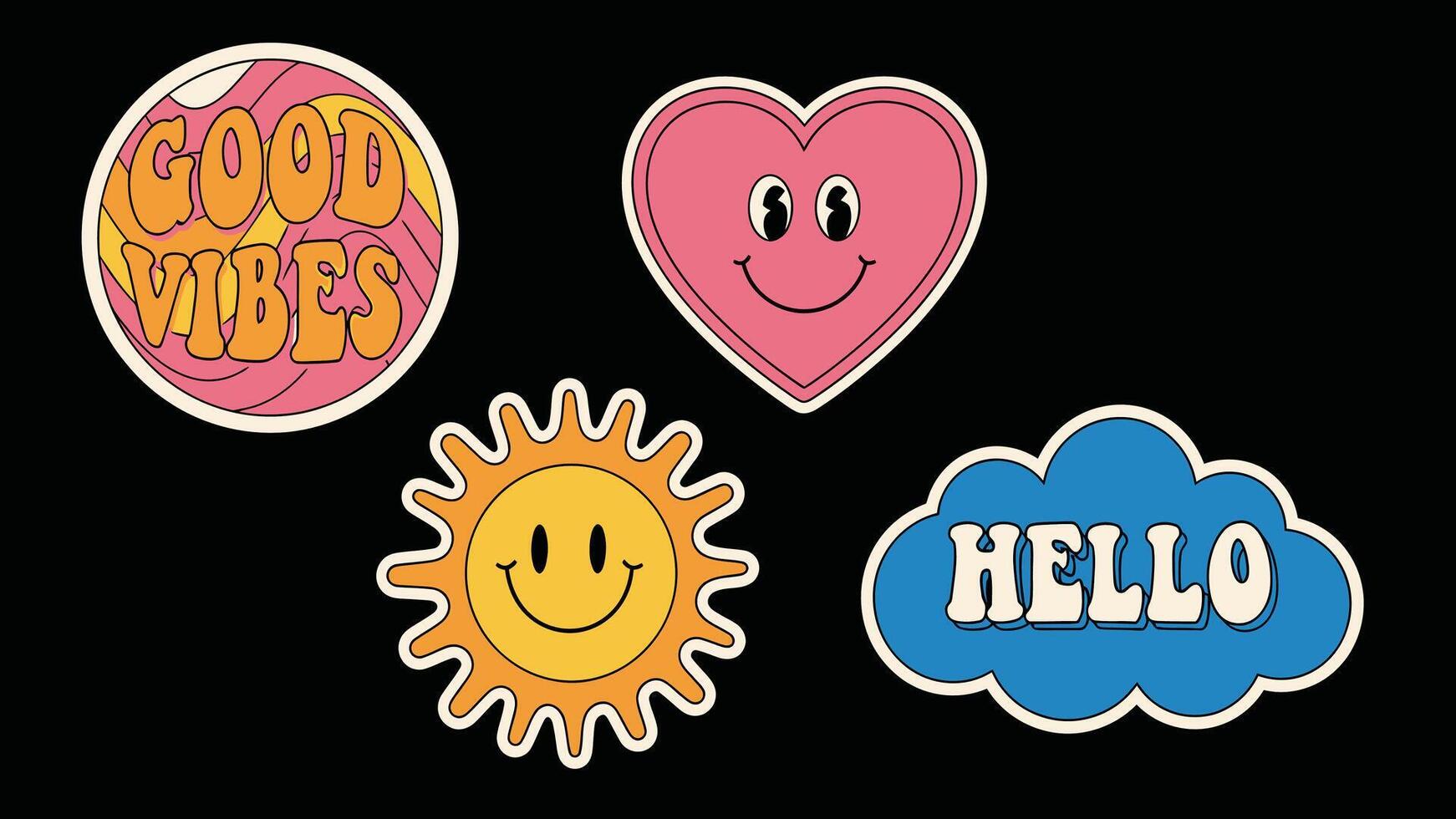 Retro Stickers Good Vibes Hello Smiling Heart and Sun for Design Projects vector