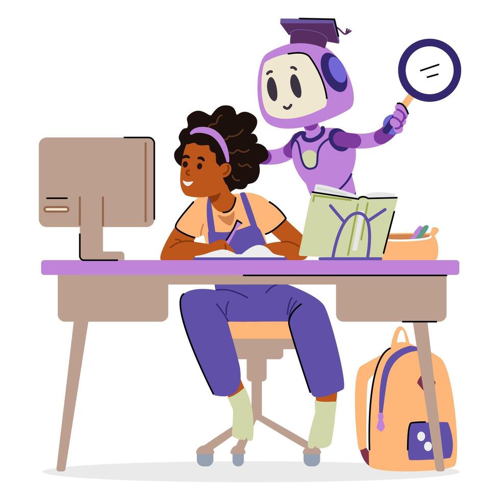 Robot aiding student at computer vector