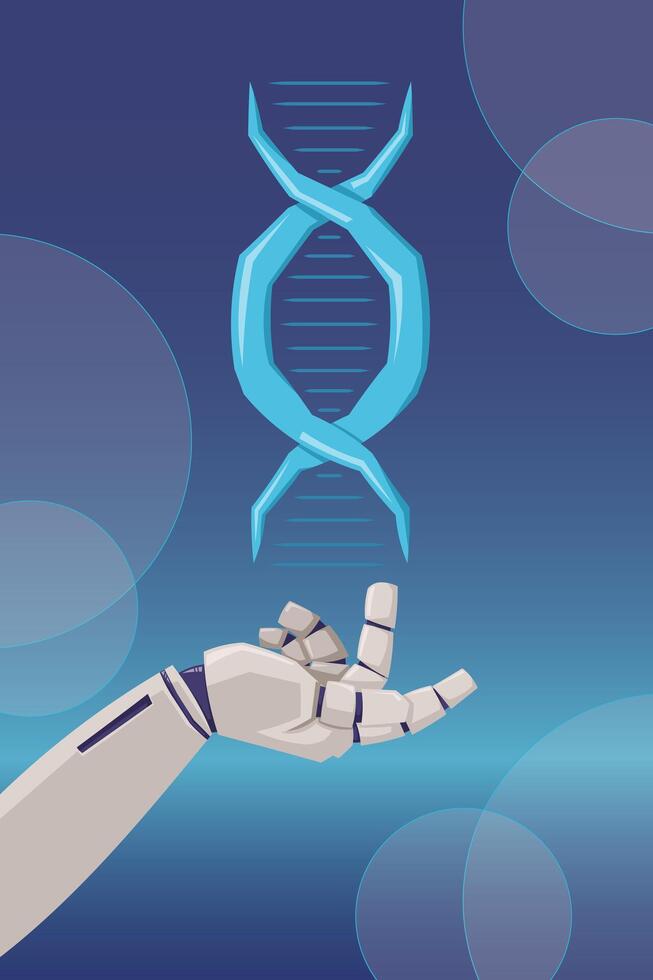 Robotic hand interacting with glowing DNA strand in a futuristic science concept vector