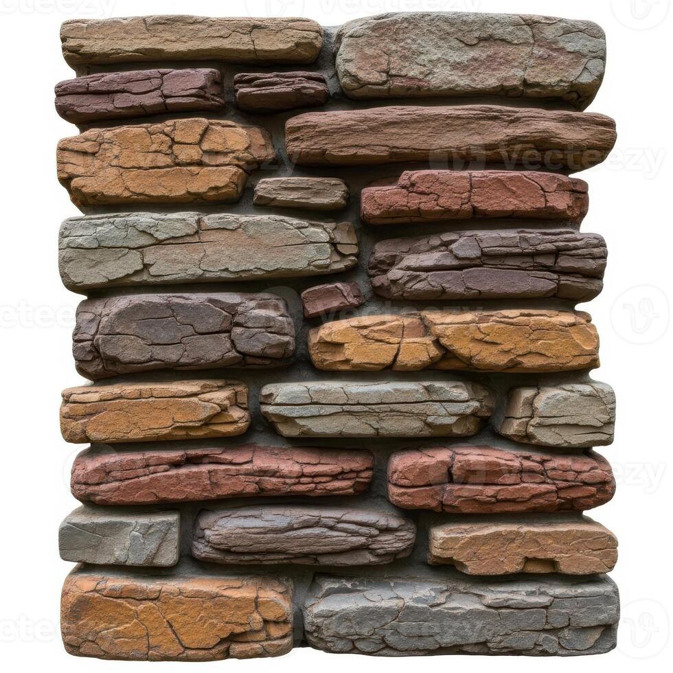 Stacked stone wall texture with rough, uneven blocks in various earthy tones, isolated on white background photo