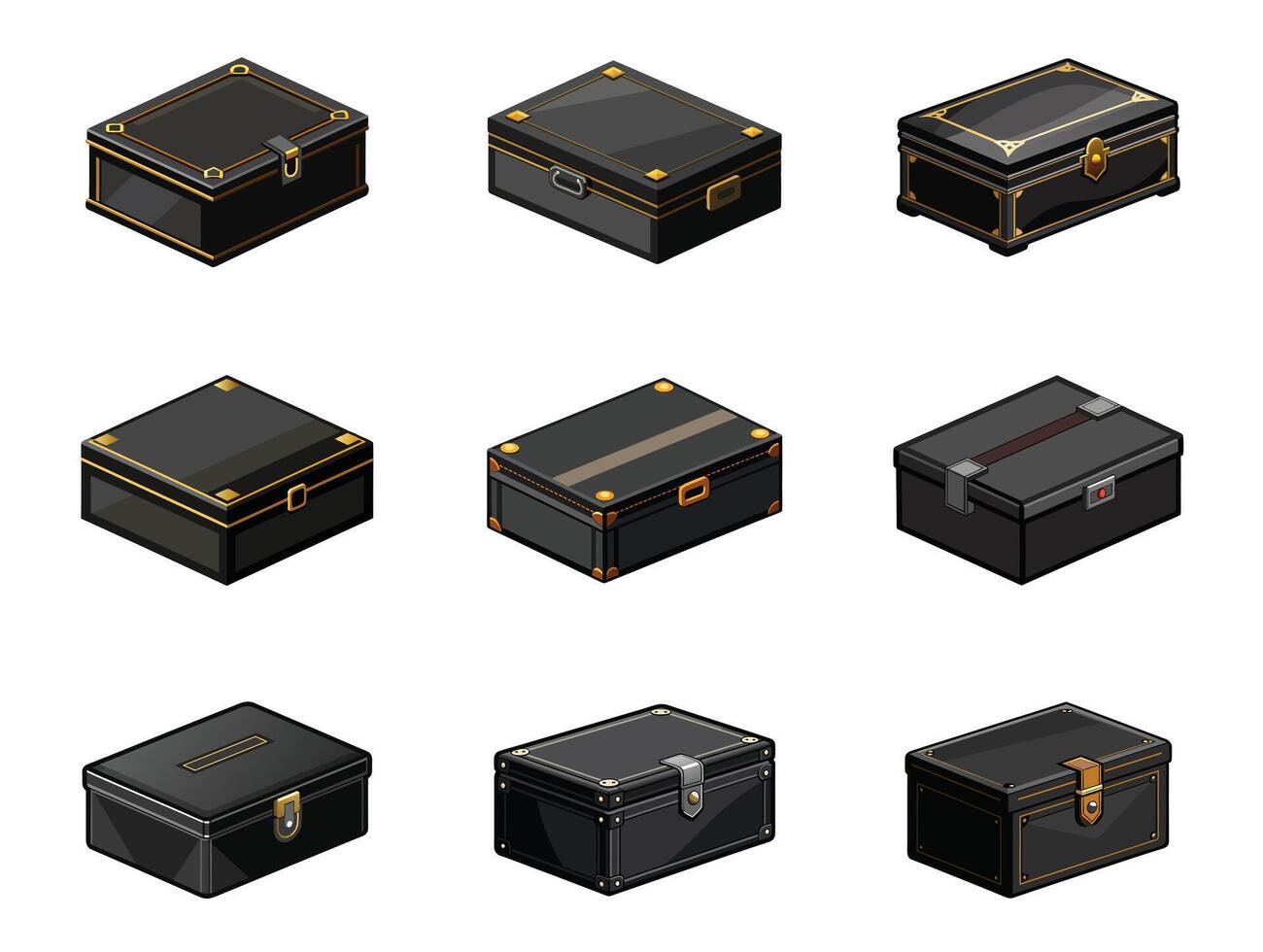 Isometric black boxes set of six different types of boxes vector