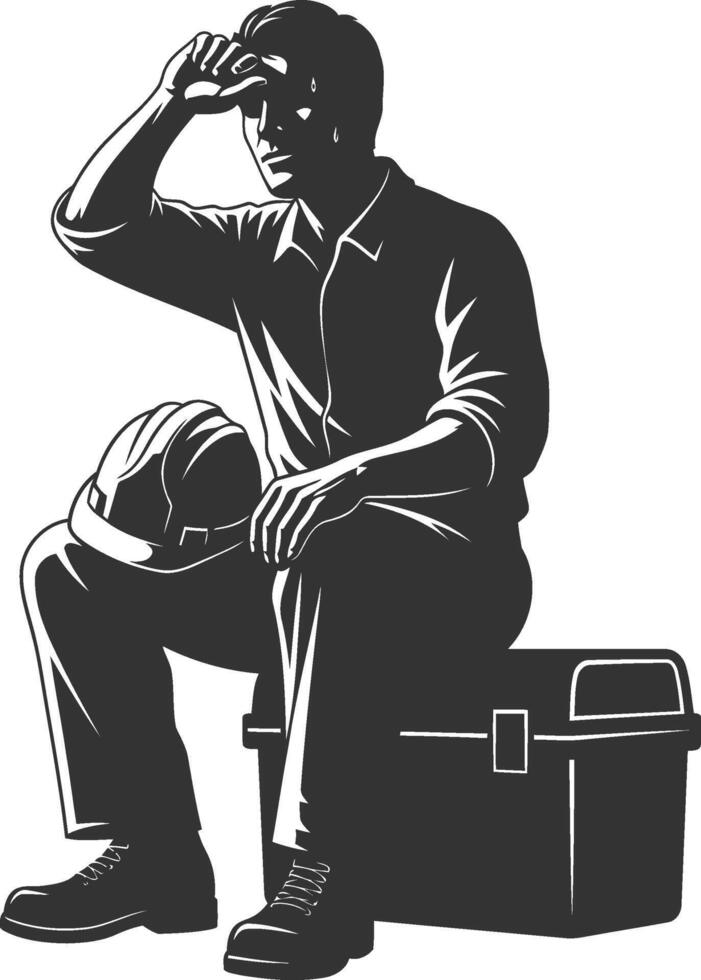 Silhouette of a hard working laborer resting on his toolbox vector