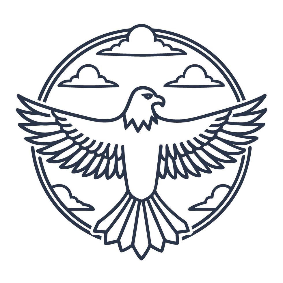Soaring eagle outline emblem with spread wings and clouds in circular frame, minimalist bird flight symbol vector