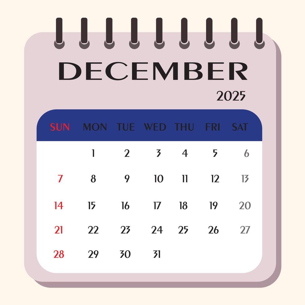 The calendar shows December 2025 with dates numbered in clear boxes. Sundays are highlighted, and the layout is easy to read for planning events. vector