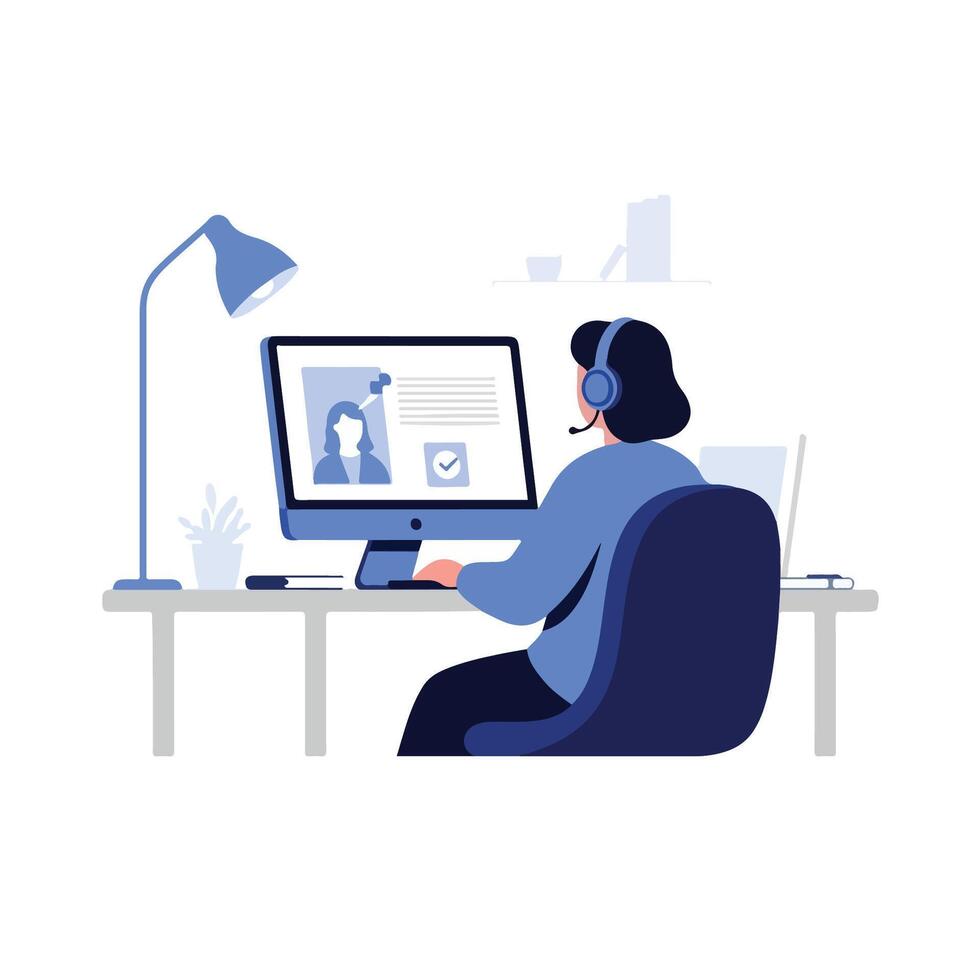 Flat 2D illustration of person with headset working on computer with lamp and plant vector