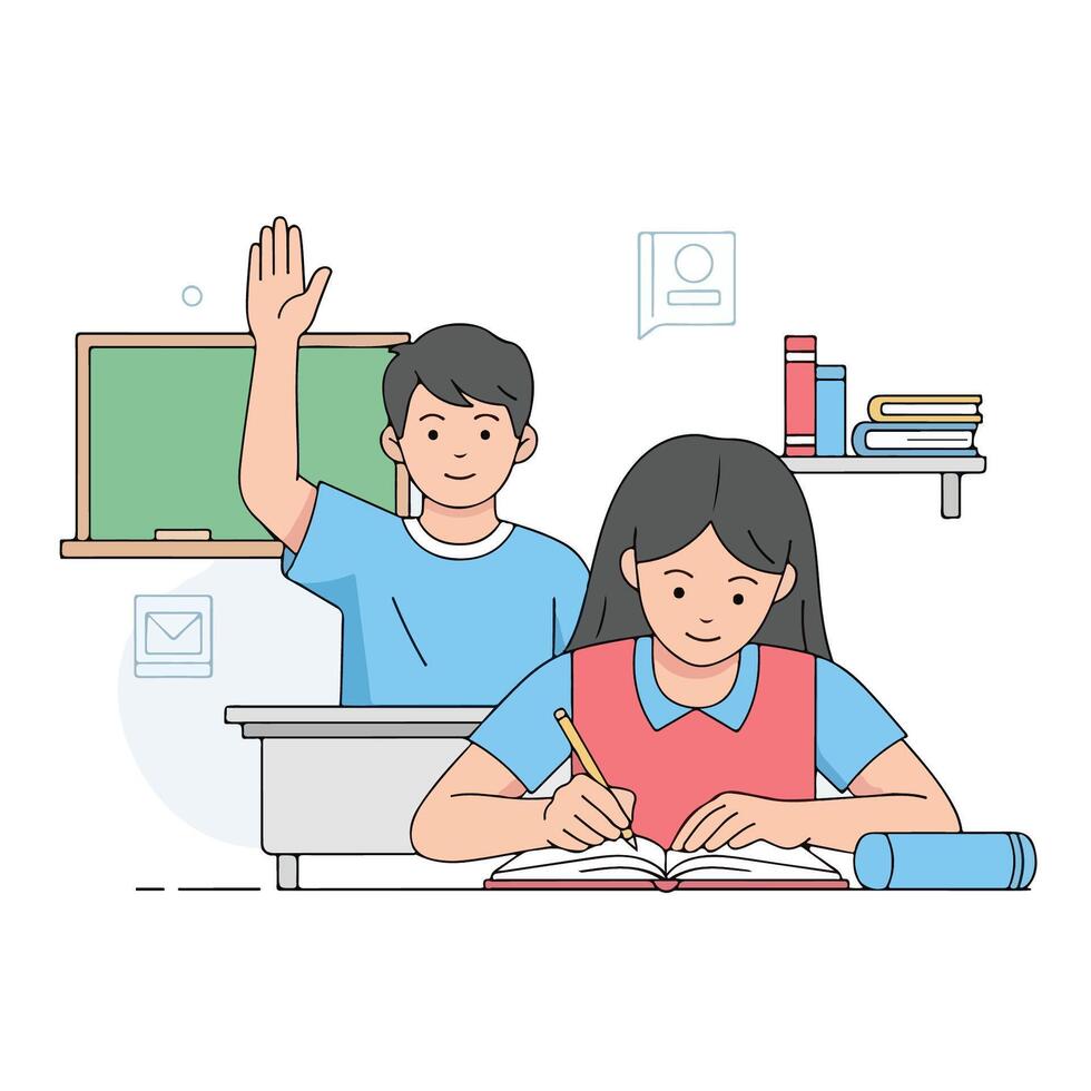 Students learning and writing in classroom with a teacher in the background vector