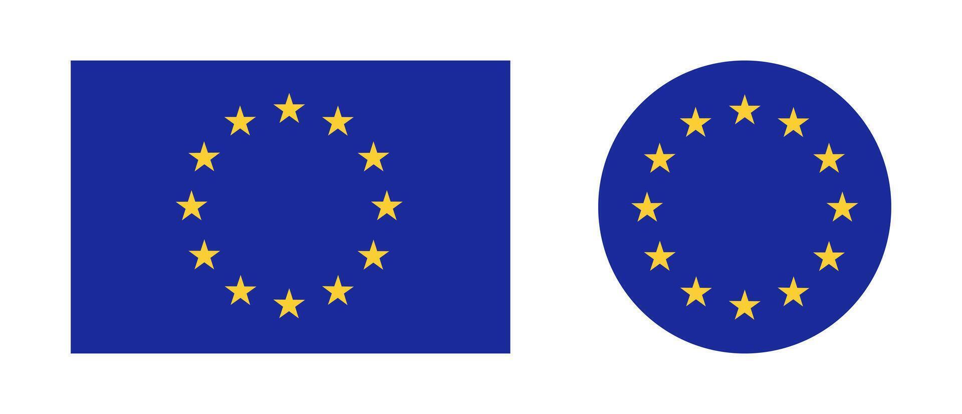 Set of European Union rectangular, round flag. Flag of EU collection, yellow stars on blue circle, rectangle. European Union flag flat push button, badge, backdrop. vector