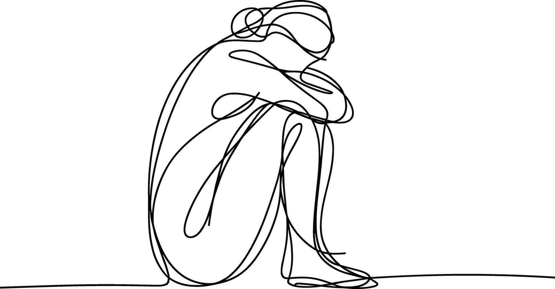 Single Line Drawing of a Person Huddled in Sadness on a White Background continuous line vector