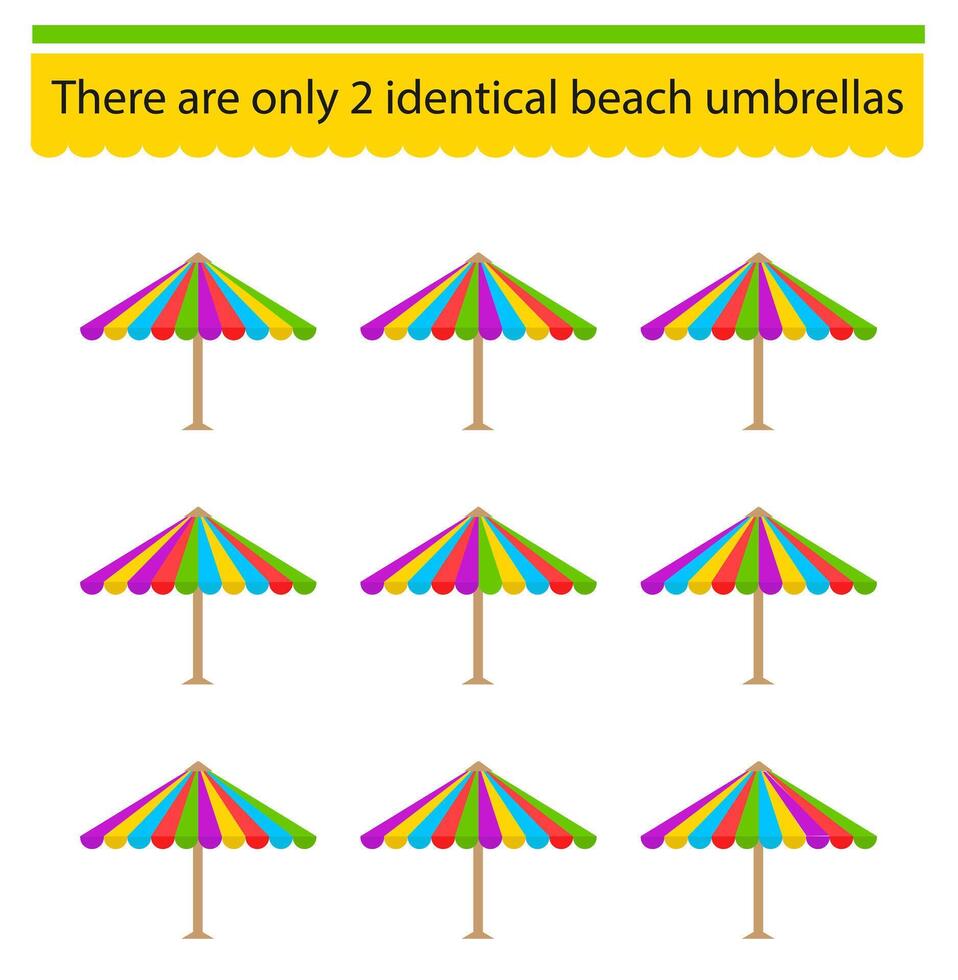 Logical game for children. Need to find two identical beach umbrellas. Visual intelligence. illustration vector