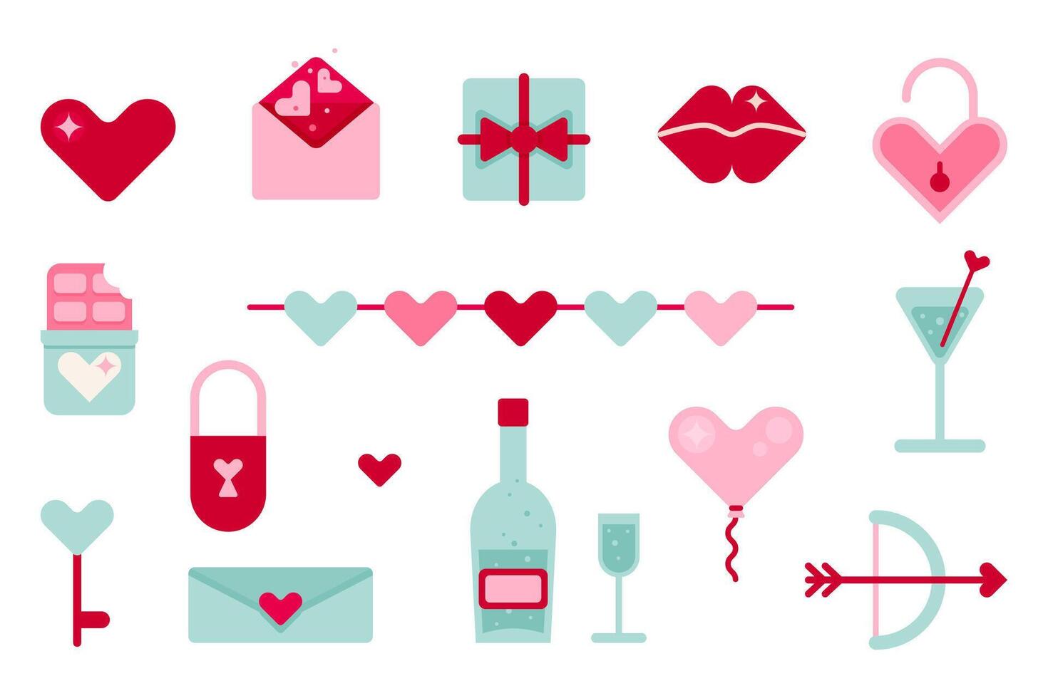 Valentine's Day icon set. Different romantic objects. illustration in a minimalist flat style on a white background. vector