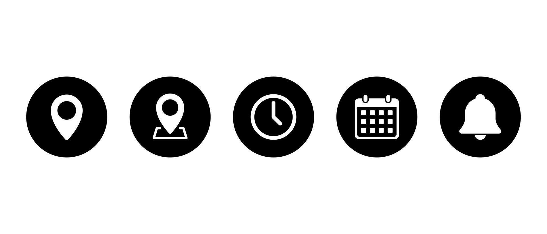 Location, map pin, time, calendar, and bell icon in black circle. GPS pointer, place marker, clock, date, and notification symbol vector