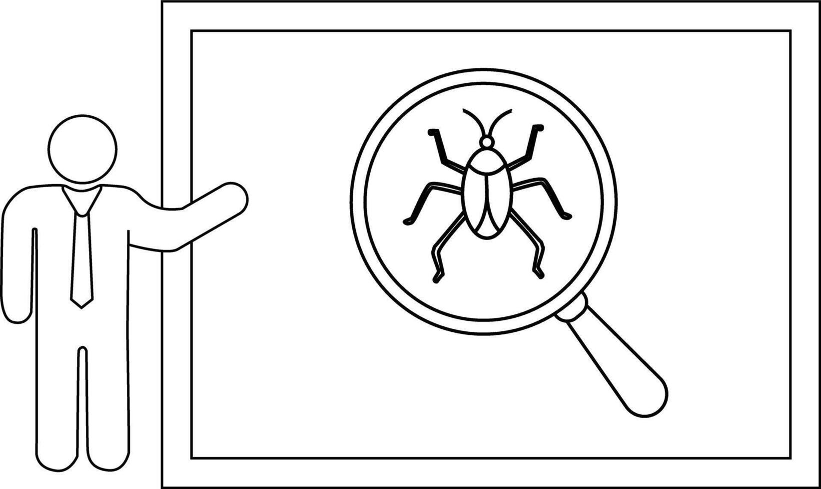 A figure stands next to a board showing a bug under a magnifying glass vector