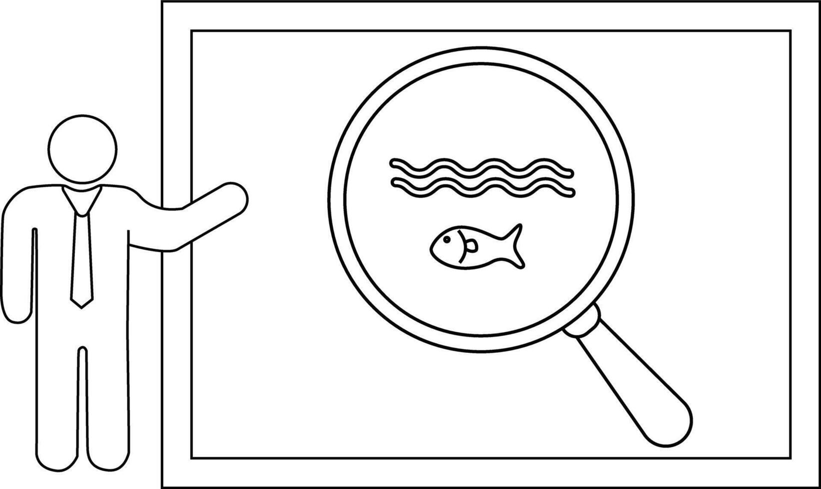 A person points to a whiteboard image of wavy lines and a fish under a magnifying glass vector