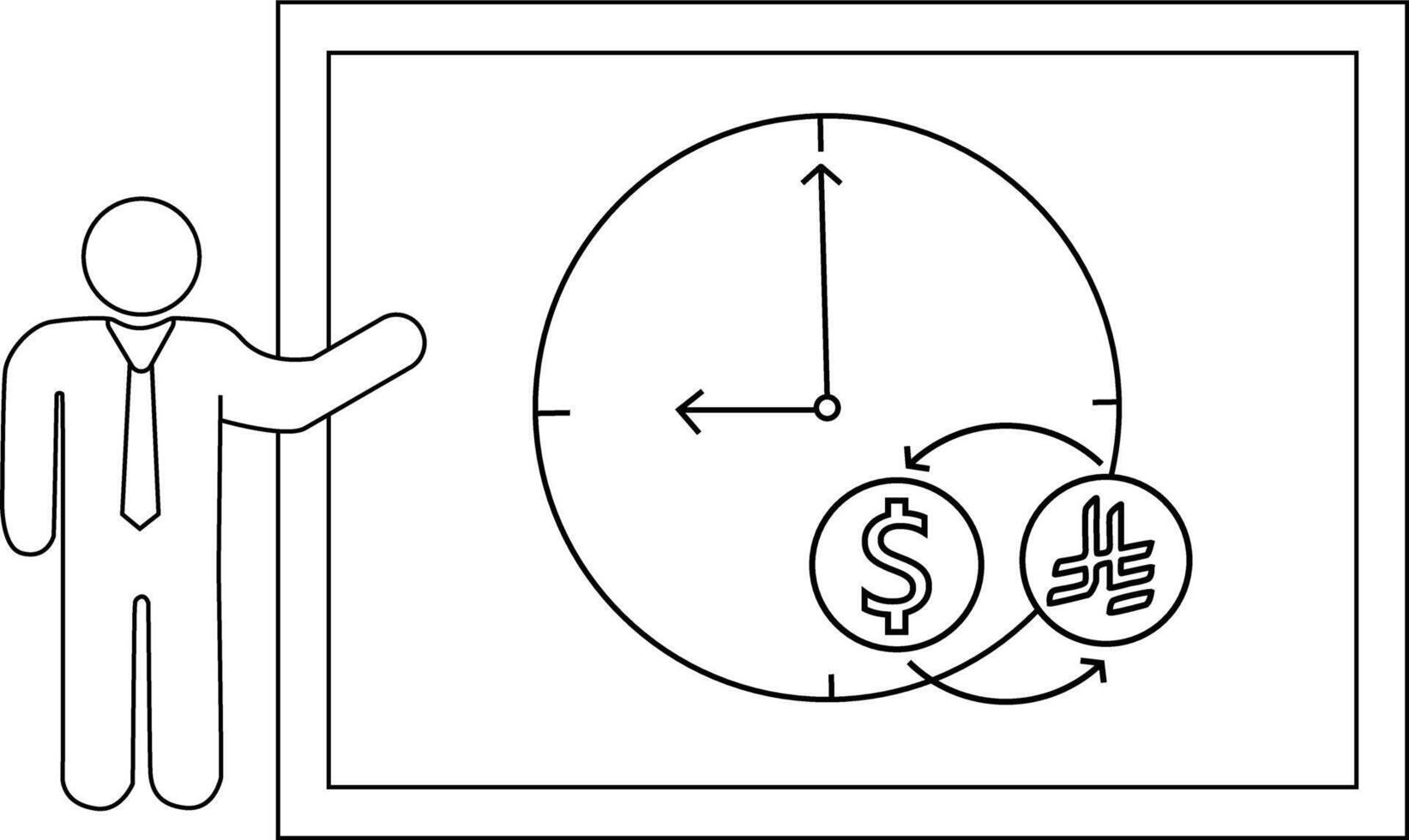 Man presenting whiteboard displaying time money symbol and cryptocurrency exchange vector