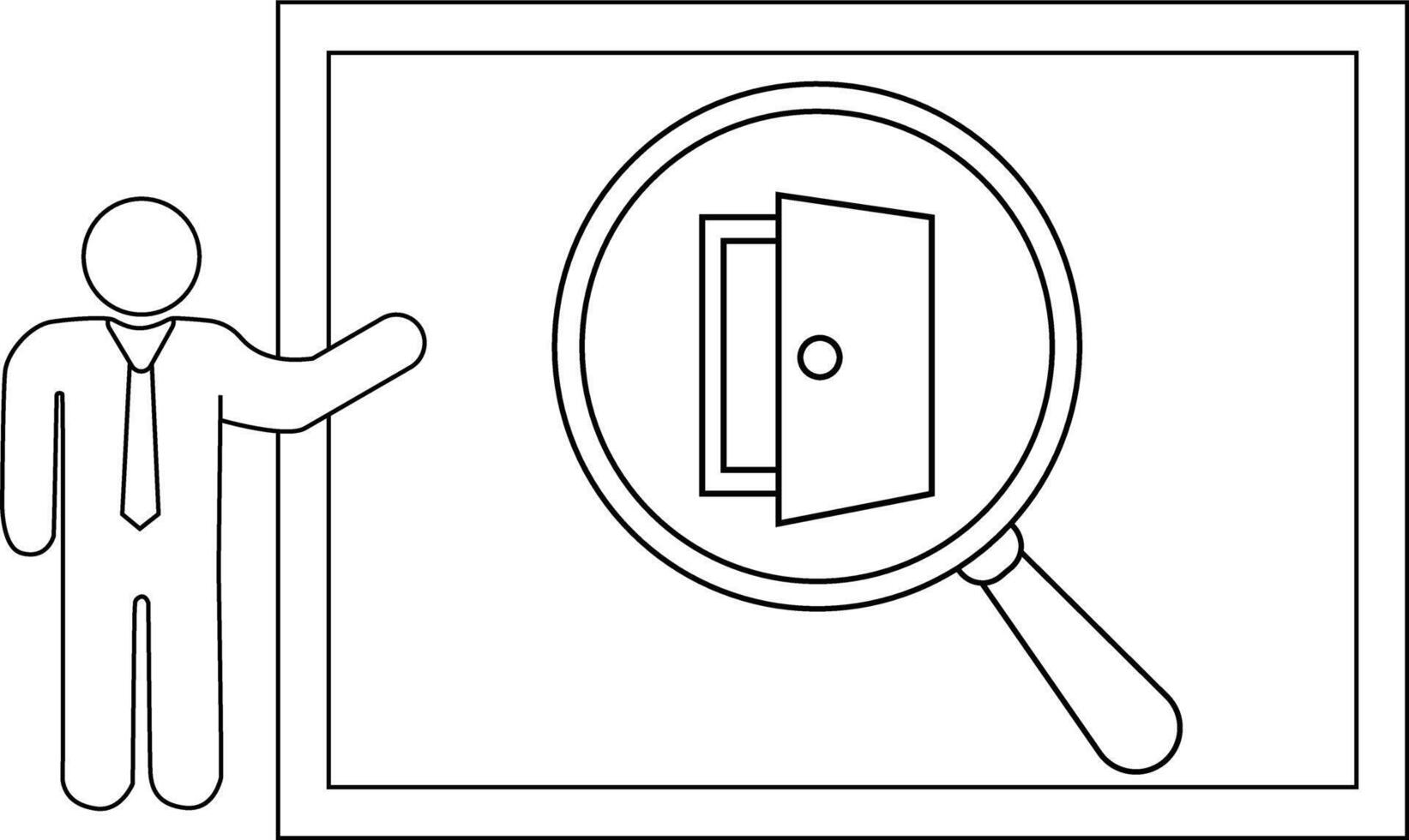 Stick figure gestures towards a whiteboard with a magnifying glass on an open door vector