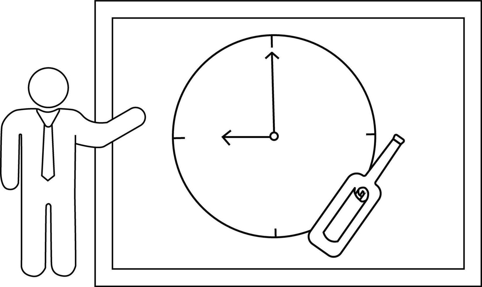 A figure stands by a board showing a clock and a bottle with a scroll vector